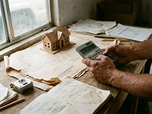 Bouwvakker houdt rekenmachine vast terwijl hij blauwdrukken voor waterbeheer bekijkt op houten tafel met gereedschap