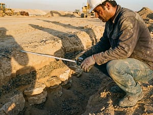 Bouwingenieur meet WADI drainagesysteem tijdens opgravingswerkzaamheden in zandige grond met zichtbare steenlagen