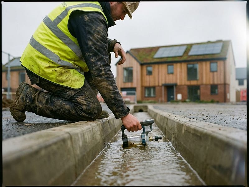 Bouwvakker in gele veiligheidsvest meet waterstroming in drainage kanaal op woonwijk bouwplaats