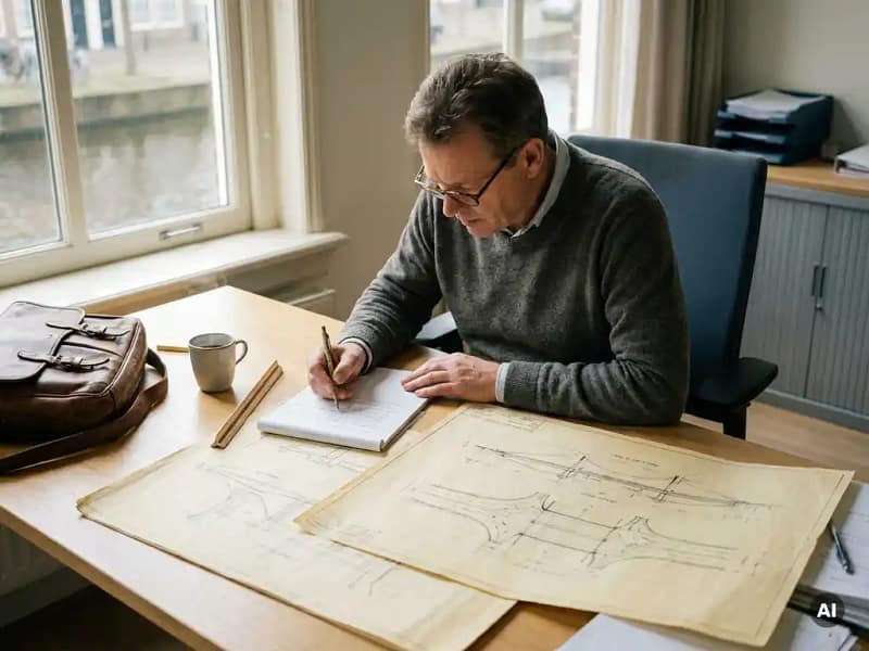 Civiel ingenieur bestudeert handgetekende infrastructuurschetsen op houten bureau met kostenschattingen en meetlat.