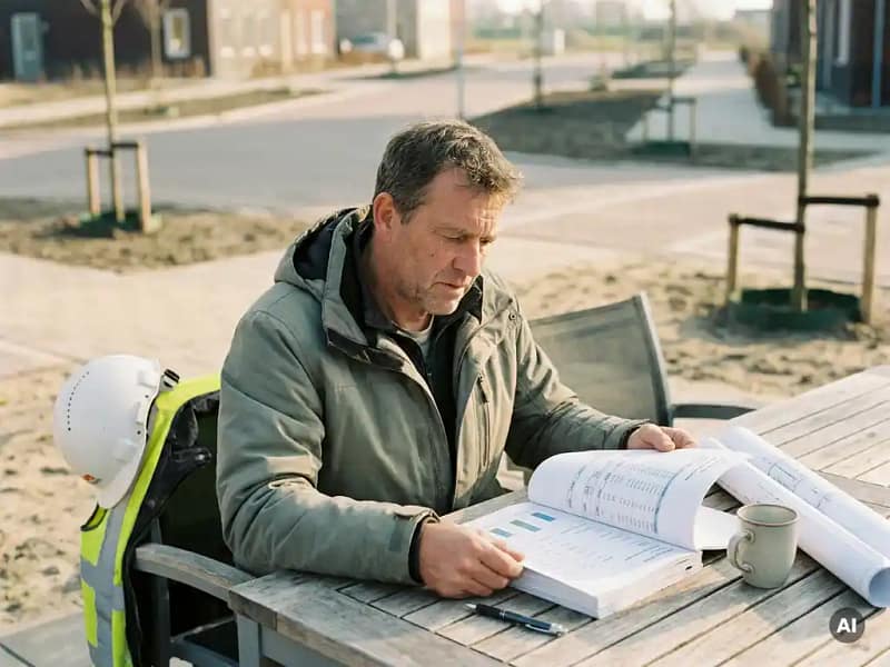 Civiel ingenieur bestudeert kostenraming buiten aan werktafel met technische tekeningen en koffie, nieuw woongebied op achtergrond.