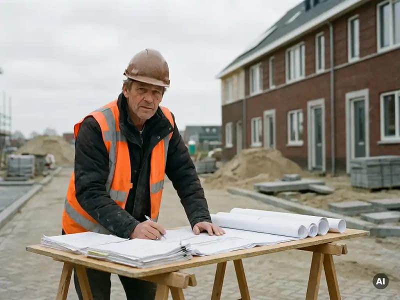 Nederlandse civiel ingenieur met helm bestudeert kostenraming op buitentafel, woonstraatproject op de achtergrond.