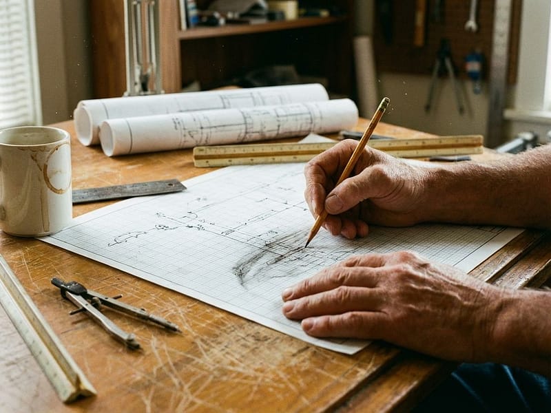 Civiel ingenieur tekent technische drainageplannen op millimeterpapier aan houten tekentafel met blauwdrukken