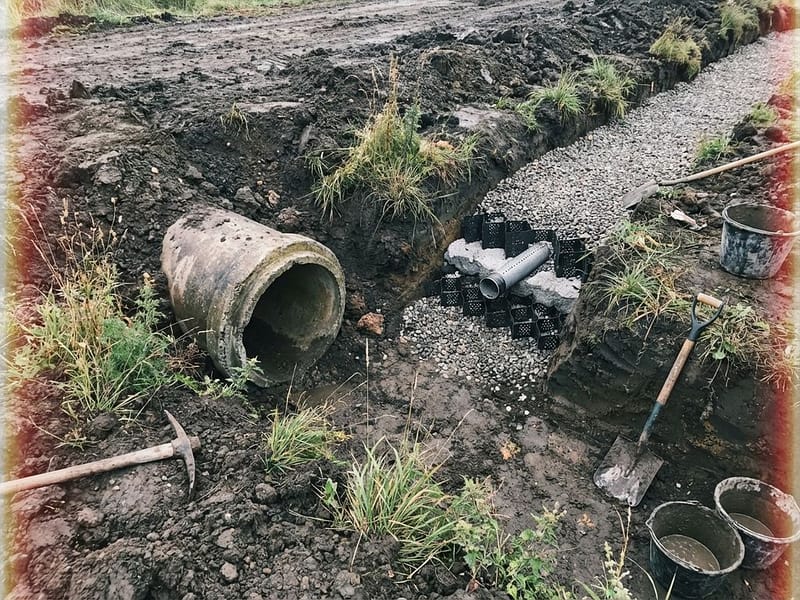 Betonnen drainagepijp en modern WADI-systeem in uitgegraven sleuf met groene begroeiing en gereedschap op de grond