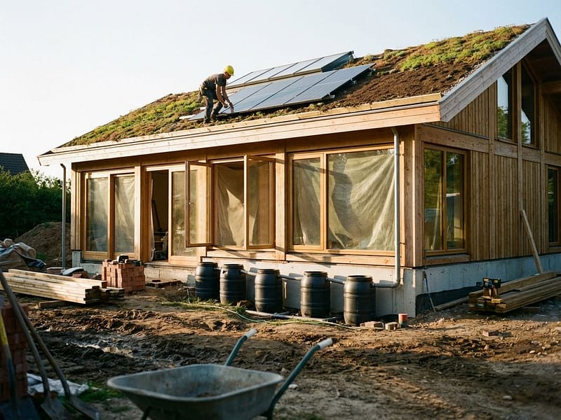 Duurzame woning in aanbouw met groendak, zonnepanelen, regenwateropvang en bouwvakker met helm tijdens gouden uur