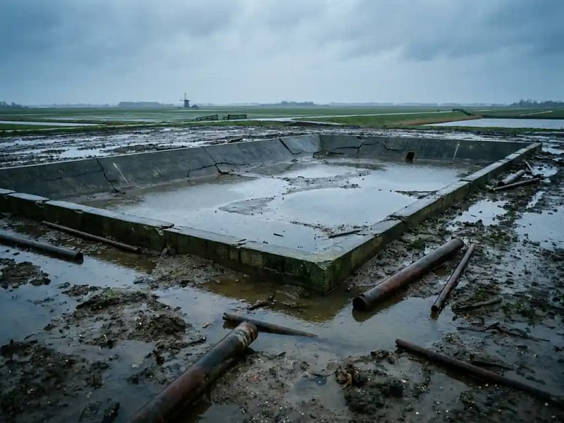 Gebarsten betonnen retentiebekken met ongelijk poelend water, scheefliggende drainagebuizen en waterloze poldergrond onder bewolkte lucht.