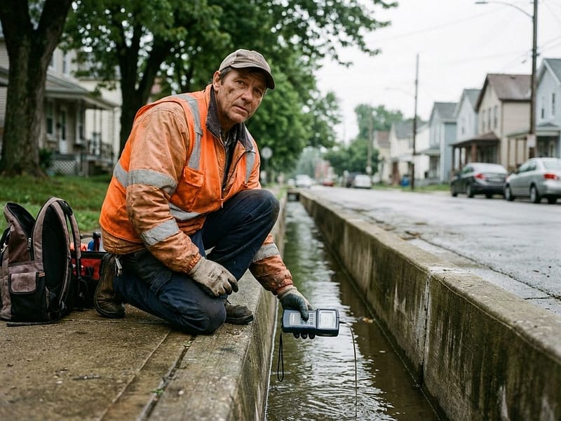 Gemeentewerker in reflecterend vest test waterkwaliteit in betonnen afvoerkanaal met handheld apparaat in woonwijk