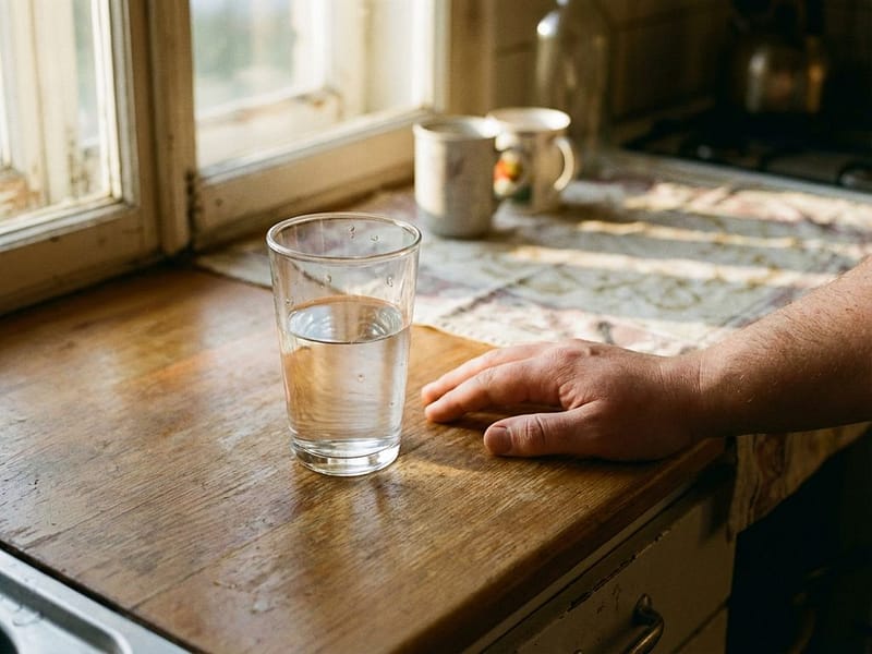 Glas water op houten keukentafel naast gezwollen hand in natuurlijk ochtendlicht