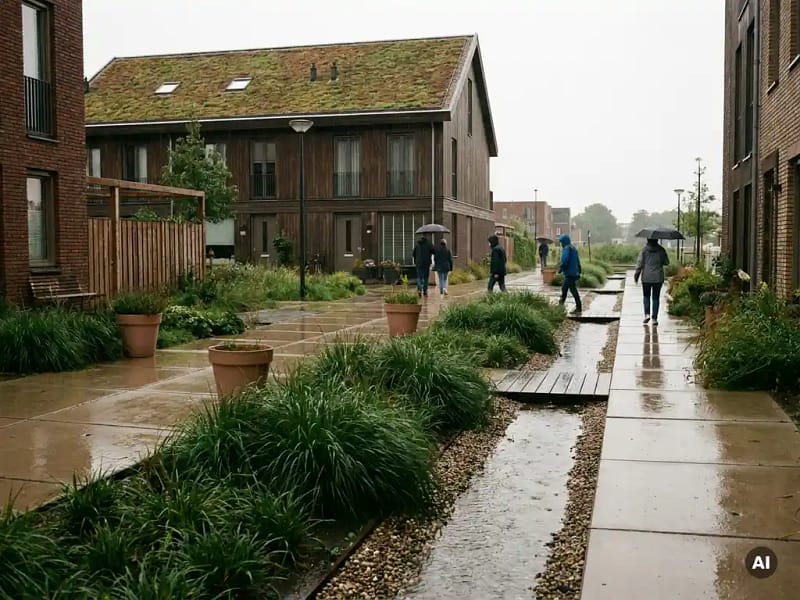 Moderne Nederlandse rijwoning met groen dak, bioswale langs het trottoir en inheemse beplanting tussen tegels op een nieuwbouwstraat.