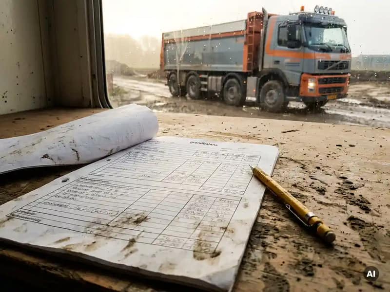 Versleten grondbalans werkblad op een modderige bouwplaatstafel naast een geel potlood, met een dumper zichtbaar door het raam.