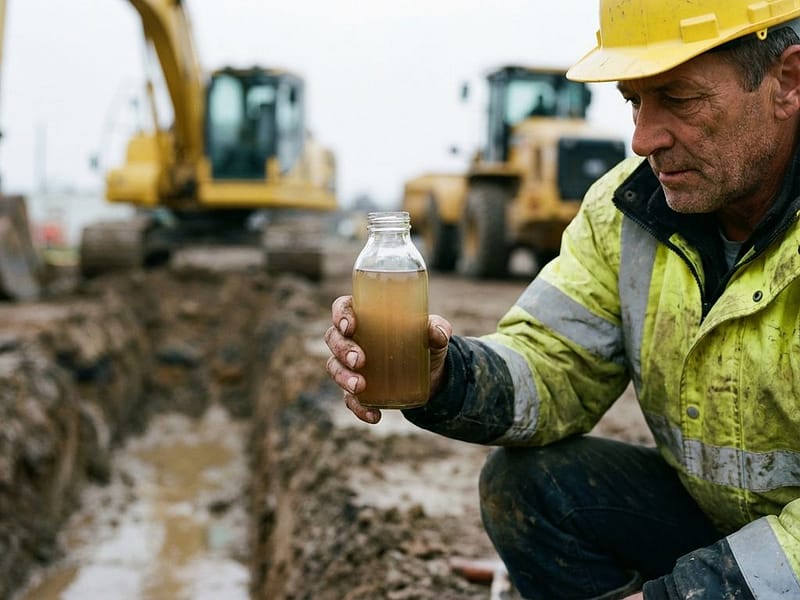 Bouwvakker in gele helm houdt waterstaal vast bij bouwplaats met graafmachines op achtergrond