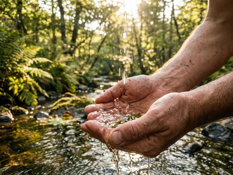 Handen scheppen helder water uit natuurlijke beek, waterdruppels vangen zonlicht tussen vingers in gouden avondlicht