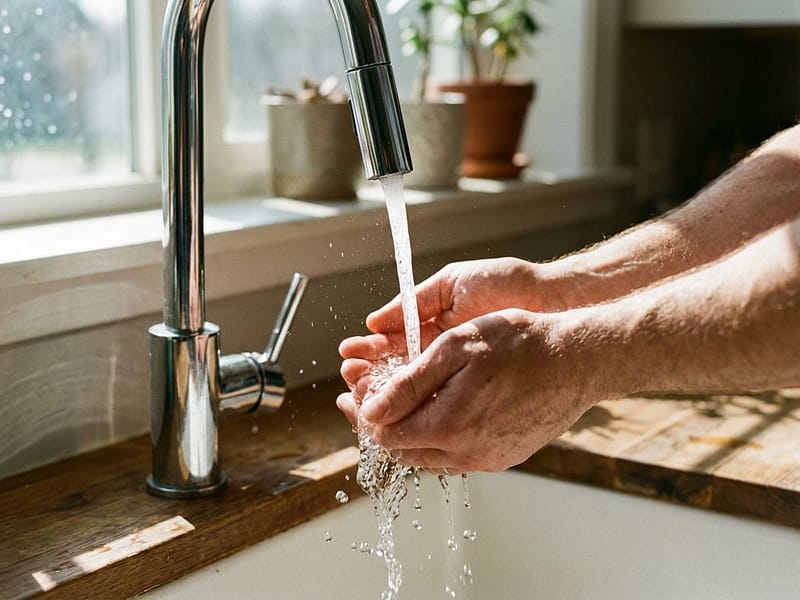 Handen die helder water opvangen uit chromen keukenkraan, zonlicht door raam, houten aanrecht