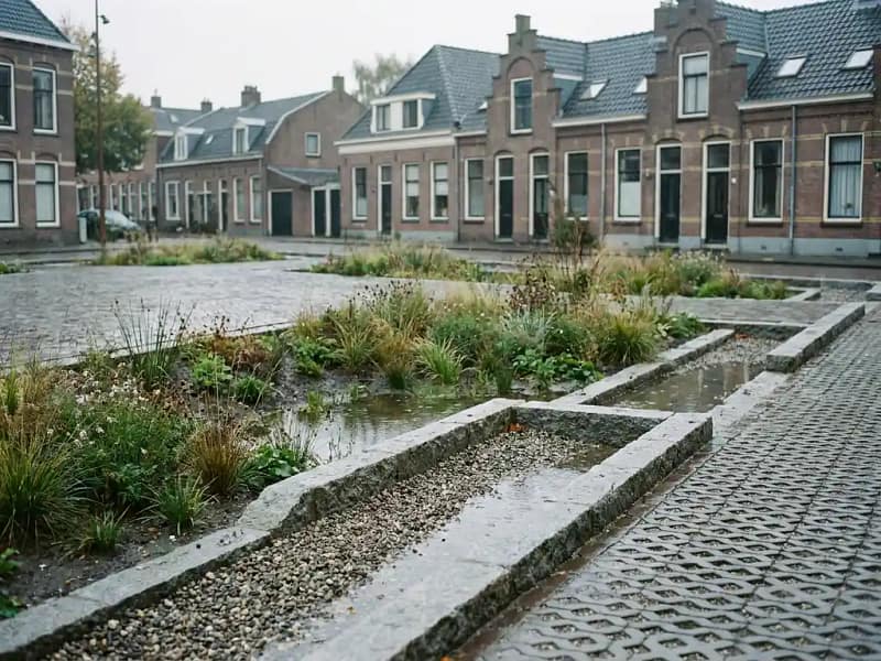 Stedelijk plein met doorlatende bestrating en infiltratiegoot die regenwater opvangt, omgeven door bioswales met inheems gras, Nederlandse woonwijk op de achtergrond.