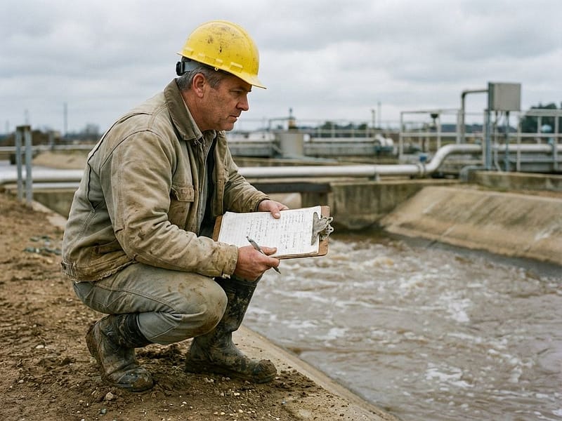 Ingenieur met helm onderzoekt waterstroming bij betonnen kanaal, klembord in hand, industriële waterzuivering op achtergrond