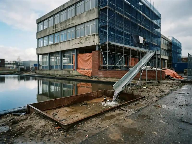 Kantoorgebouw in verbouwing naar appartementen, omgeven door steigers, weerspiegeld in een retentievijver onder bewolkte Nederlandse lucht.