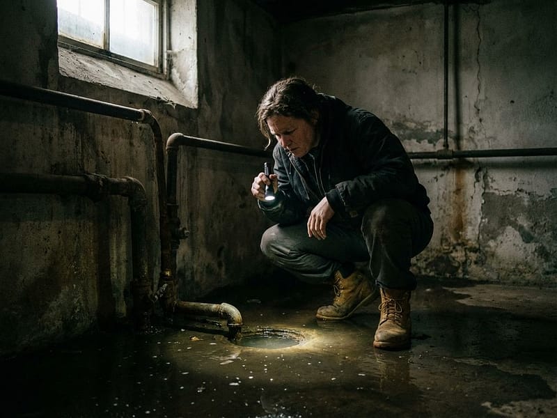 Huiseigenaar onderzoekt overstroomde kelderafvoer met zaklamp, modderig water rond laarzen, waterschade zichtbaar
