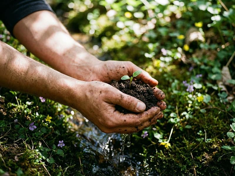 Handen die donkere aarde vasthouden met groen plantje, water stroomt eromheen, natuurlijk daglicht door bomen