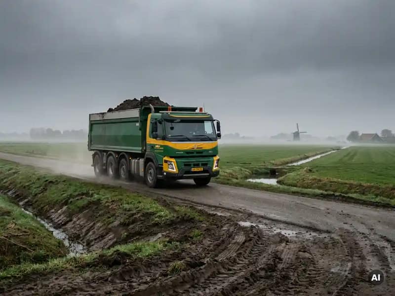 Zwaar geladen dumptruck rijdt over een polderweg door groen weiland onder bewolkte lucht.