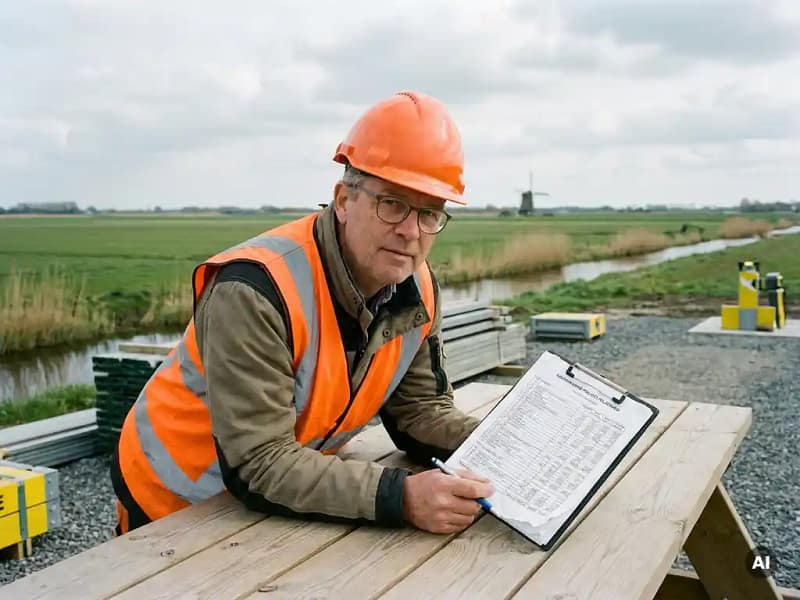 Nederlandse civiel ingenieur met helm bestudeert kostenraming op bouwlocatie, met poldersloot en groene weilanden op achtergrond.