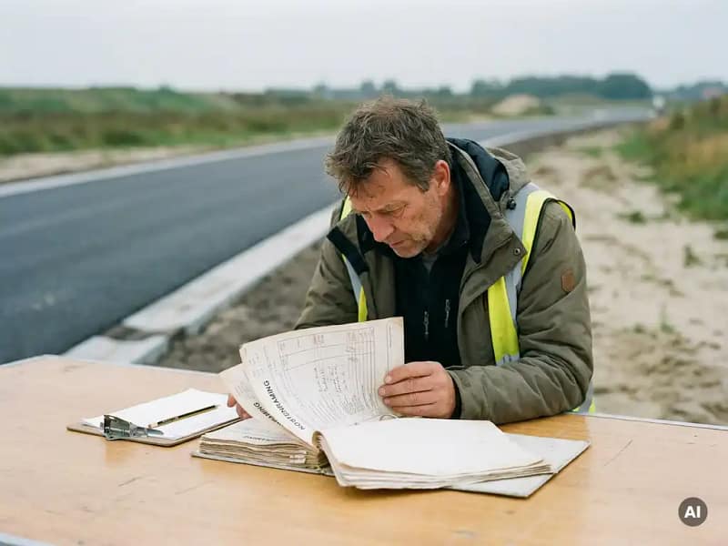 Burgerlijk ingenieur bestudeert kostenraming op verweerde houten bouwplaatstafel, met asfaltweg op de achtergrond in bewolkt Nederlands daglicht.