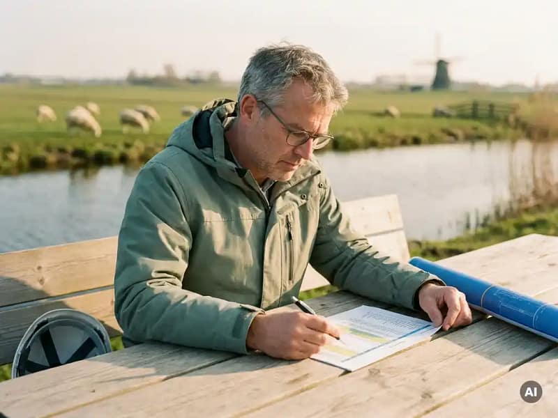 Nederlandse civiel ingenieur bekijkt kostenraming op buitentafel, met polderlandschap en kanaal op de achtergrond in middagzon.