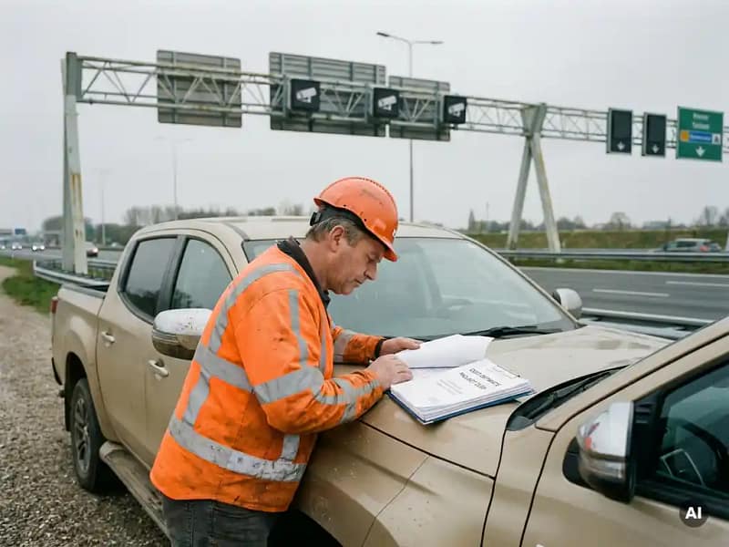 Civiel ingenieur in veiligheidsvestje bestudeert kostenraming op motorkap van truck langs Nederlandse snelweg met tolportaal op achtergrond.