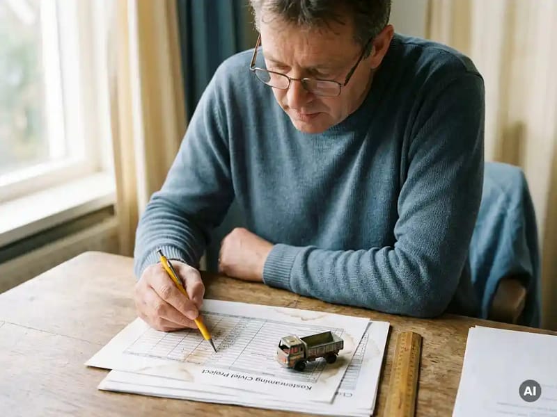 Nederlandse civiel ingenieur bekijkt kostenraming op versleten houten bureau met speelgoedvrachtwagen, potlood en liniaal.