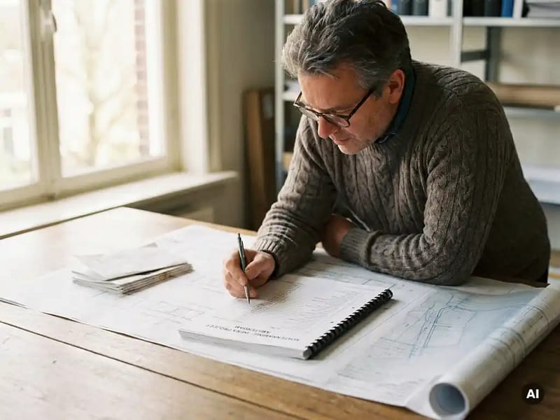 Civiel ingenieur bestudeert kostenraming op papier aan houten bureau, met mechanisch potlood en projectdocumenten in natuurlijk daglicht.
