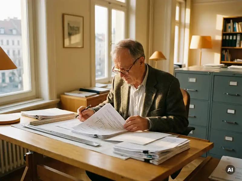 Nederlandse civiel ingenieur bestudeert kostenraming documenten aan een tekentafel met liniaal en mechanisch potlood in warm middaglicht.