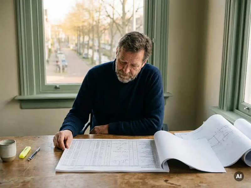 Civiel ingenieur bestudeert kostenraming op houten bureau met technische tekening, potlood en markeerstift in warm middaglicht.