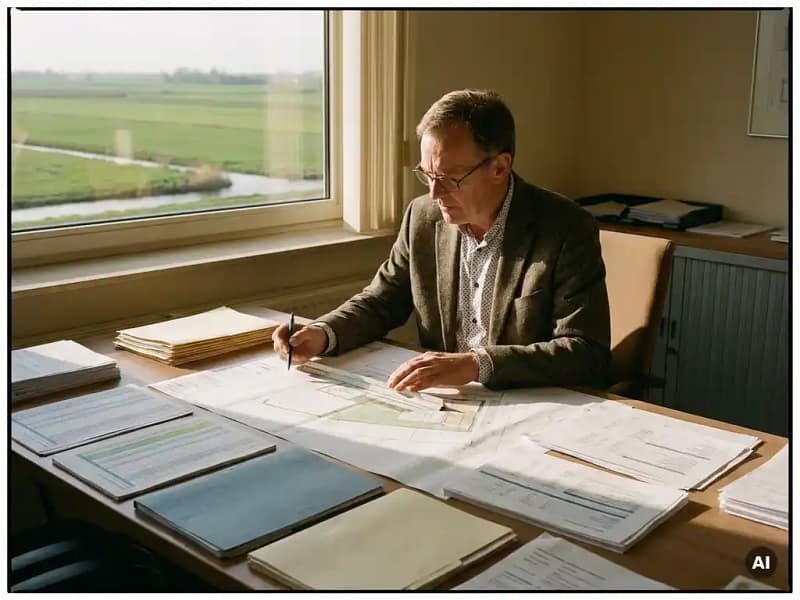 Nederlandse civiel ingenieur bestudeert kostenraming documenten aan bureau met liniaal en tekenpotlood, polderland zichtbaar door kantoorvenster.