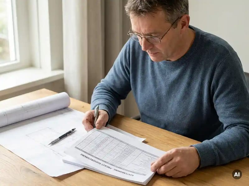 Civiel ingenieur bestudeert kostenraming op houten bureau, met opgerolde technische tekening en mechanisch potlood, zacht daglicht.