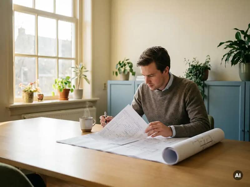 Civiel ingenieur bestudeert kostenraming aan zonnig bureau met opgerolde technische tekening en dampende koffie.