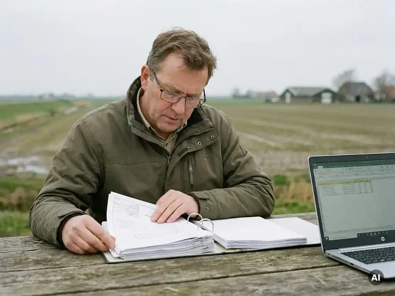 Civiel ingenieur bestudeert kostenraming op bouwlocatie in Nederlandse polder, laptop opengeslagen naast dik ringbanddossier.