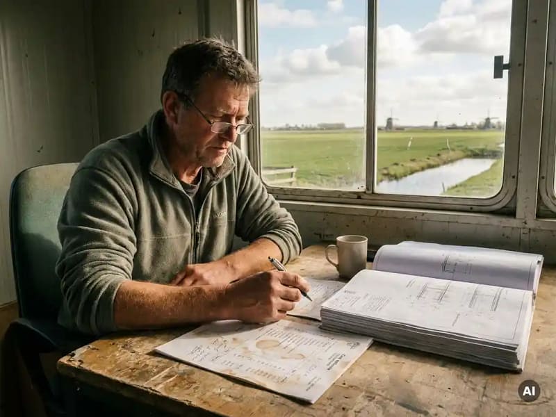 Civiel ingenieur bestudeert kostenraming op versleten houten bouwplaatstafel met technische tekeningen, polderландschap zichtbaar door raam.