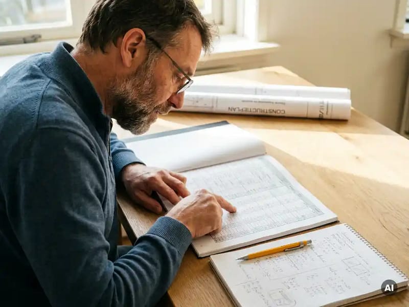 Civiel ingenieur bestudeert kostenraming op spreadsheet aan houten bureau, met gele potlood en technische tekening op achtergrond.