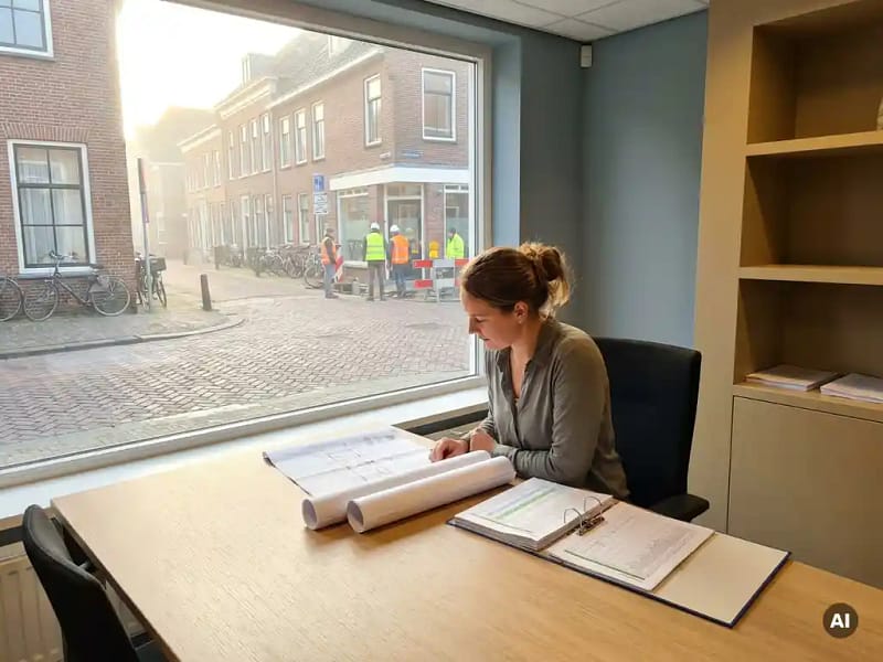 Civiel ingenieur bestudeert kostenramingsdocumenten op bureau met zicht op gemeentelijke straatrenovatieproject in Nederland.