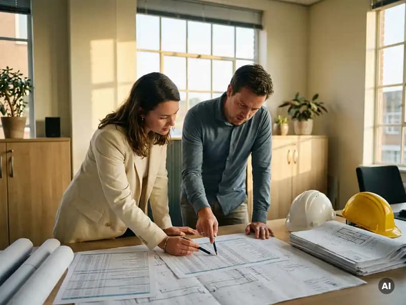 Twee civiel ingenieurs bekijken kostenramingsdocumenten aan een zonnig bureau, één wijst naar een spreadsheet, met bouwtekeningen en helmen nabij.