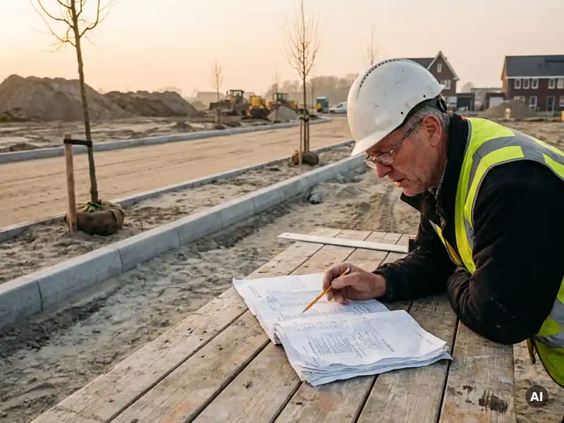 Nederlandse civiel ingenieur bestudeert kostenramingsdocumenten op houten tafel bij woonstraat in aanleg met nieuwe trottoirbanden.