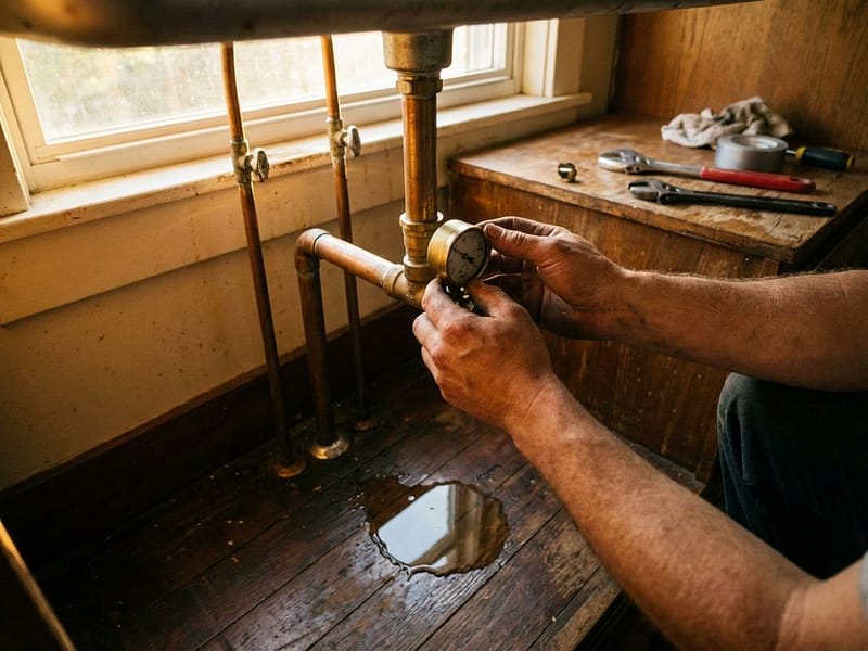 Verweerde handen stellen traditionele waterdrukgauge af op huisleidingsysteem met koperen buizen in keuken