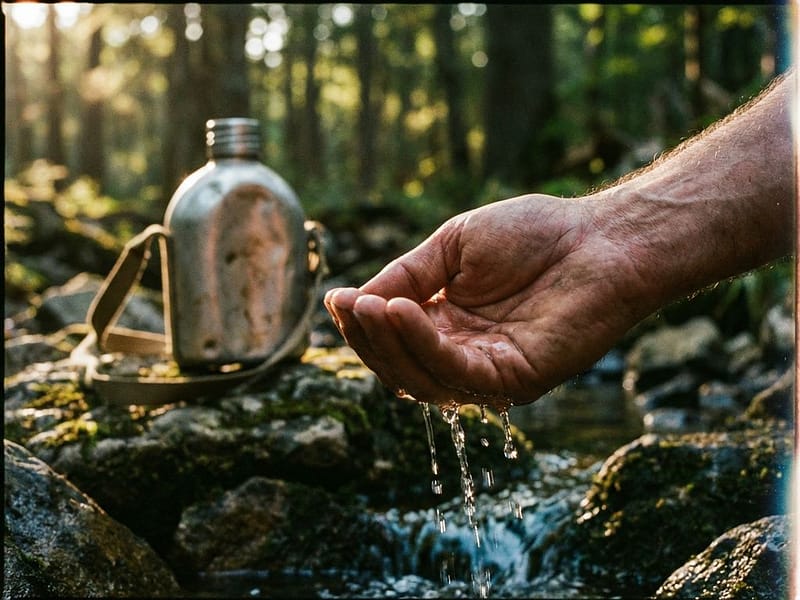 Verweerde hand schept helder bronwater, druppels vallen tussen vingers, metalen fles op bemoste rotsen op achtergrond