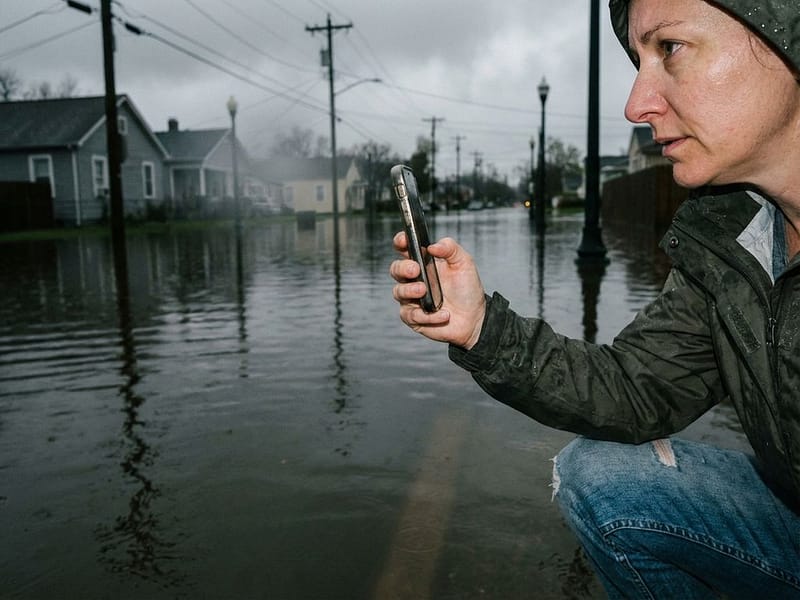 Persoon met smartphone staat aan rand van overstroomde woonstraat met waterreflecties van huizen en lantaarnpalen