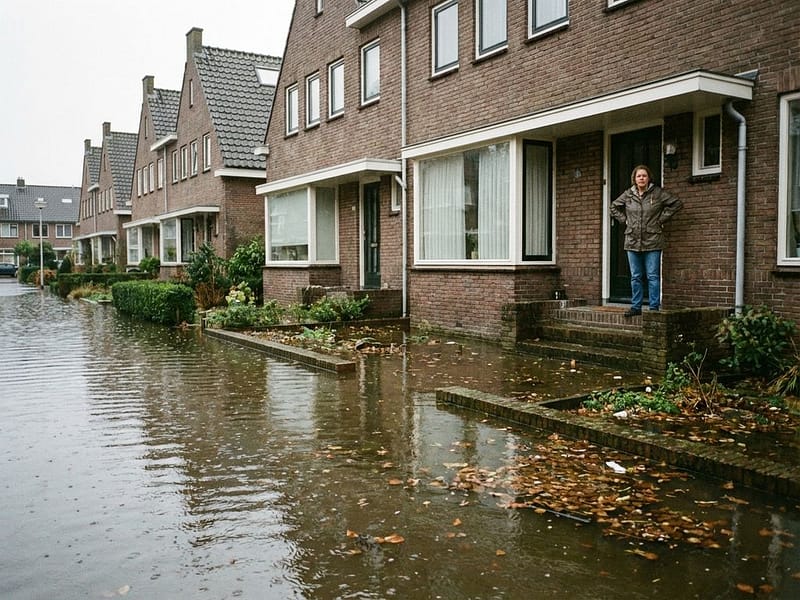 Bezorgde huiseigenaar op veranda kijkt naar overstroomde woonstraat met knieldiep water tussen Nederlandse rijtjeshuizen