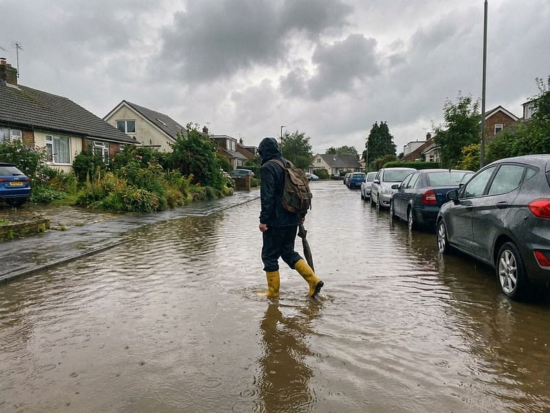 Persoon in regenlaarzen loopt door overstroomde woonstraat met stilstaand water en geparkeerde auto's