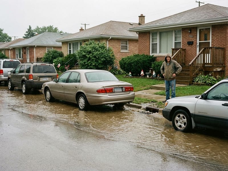 Overstroomde woonstraat met bezorgde huiseigenaar op veranda die naar wateroverlast en ondergelopen auto's kijkt