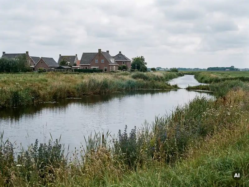 Natuurlijk waterbergingsbekken in een Nederlands polderlandschap, omzoomd door riet en grassen, naast een woonwijk.