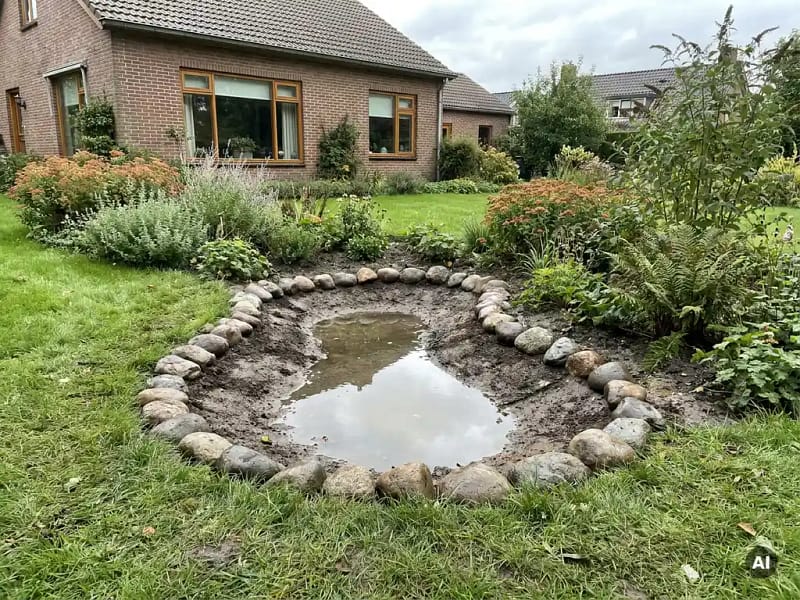 Regentuin met rivierstenen rand naast een Nederlandse bakstenen woning, omgeven door inheemse planten en groen gras.