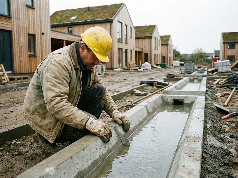 Bouwvakker in gele helm inspecteert nieuw regenwateropvangsysteem met betonnen afvoerbekken bij moderne woningen