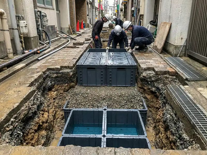 Doorsnede van ondergronds infiltratiekratensysteem onder stadsstoep, met grindlagen en waterdoorlatende kratten zichtbaar.
